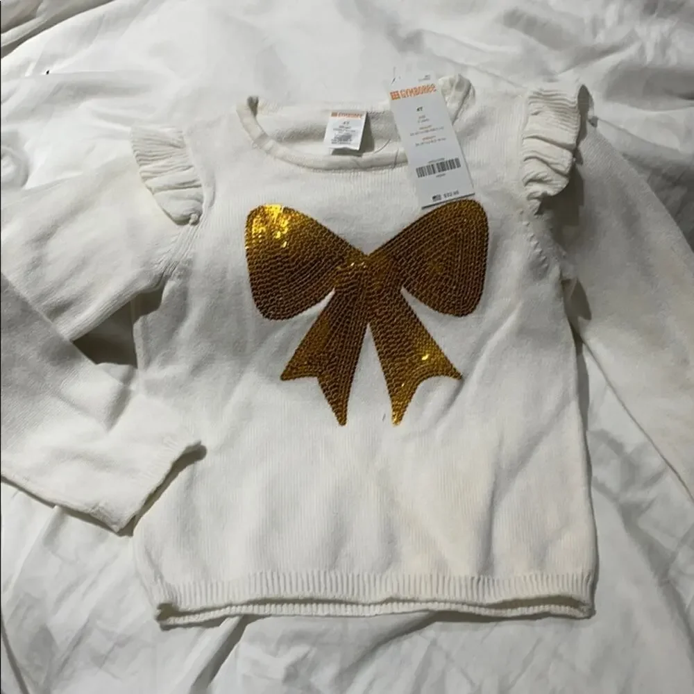 Gymboree 4 cream gold bow sequin sweater NWT preppy cotton ruffled shoulder